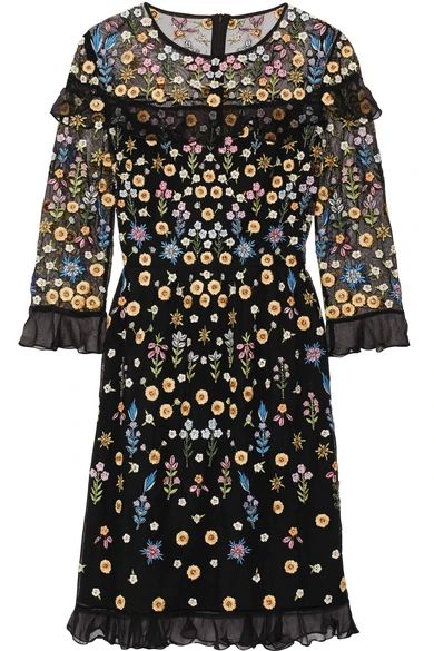Needle & Thread - Flowerbed Ruffle-trimmed Embroidered Tulle Mini Dress - Black | NET-A-PORTER (UK & EU)