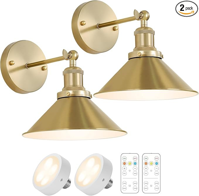 Gold Vintage Wireless Battery Operated Wall Sconces, Industrial Cordless Battery Powered Led Wall... | Amazon (US)