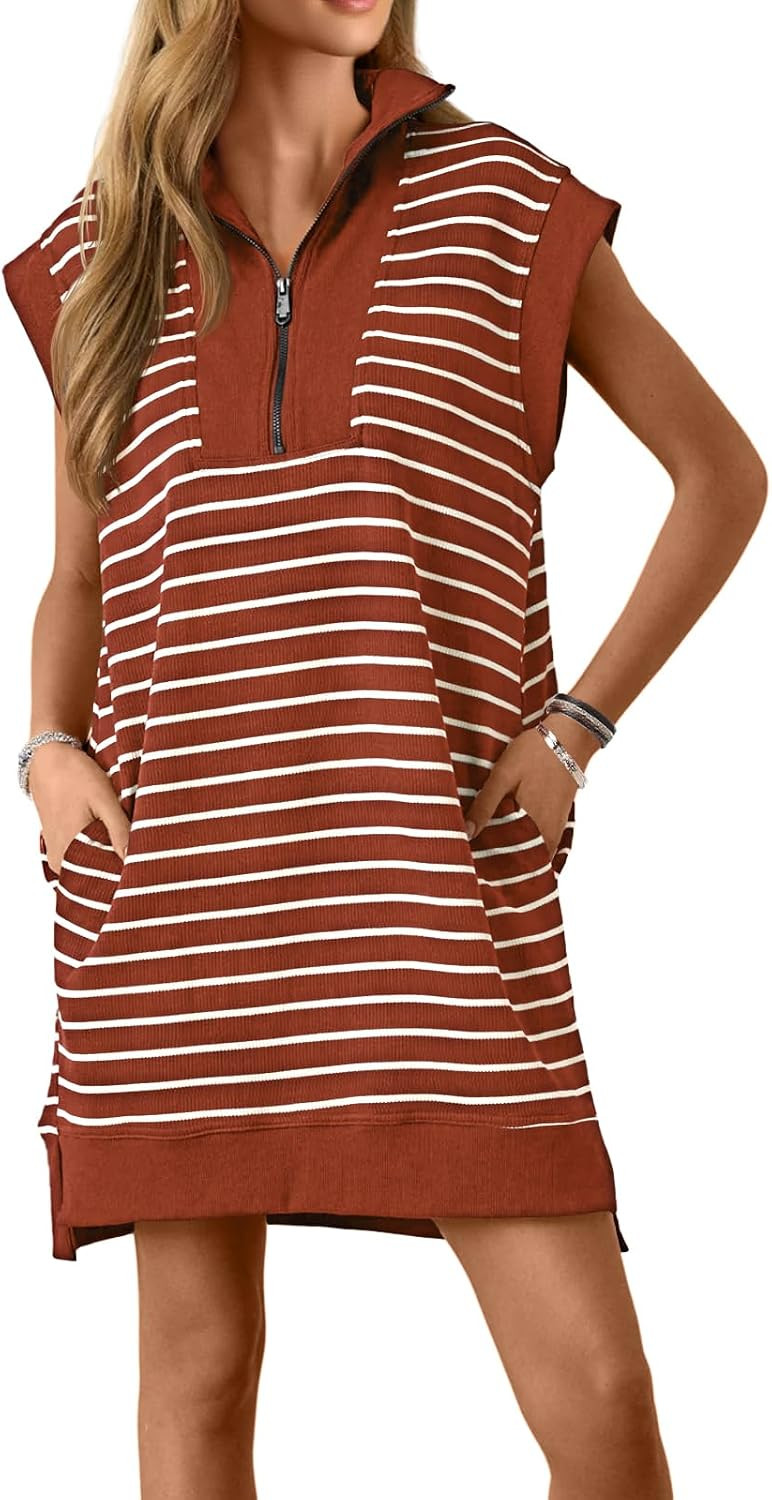 Wenrine Womens Striped Zipper Collar V Neck Loose Knit Summer Mini Dress | Polo,T Shirt Dress,Lapel V Neck,Cap Sleeve,Casual,Vacation,Tunic Dress,with Pockets | Amazon (US)