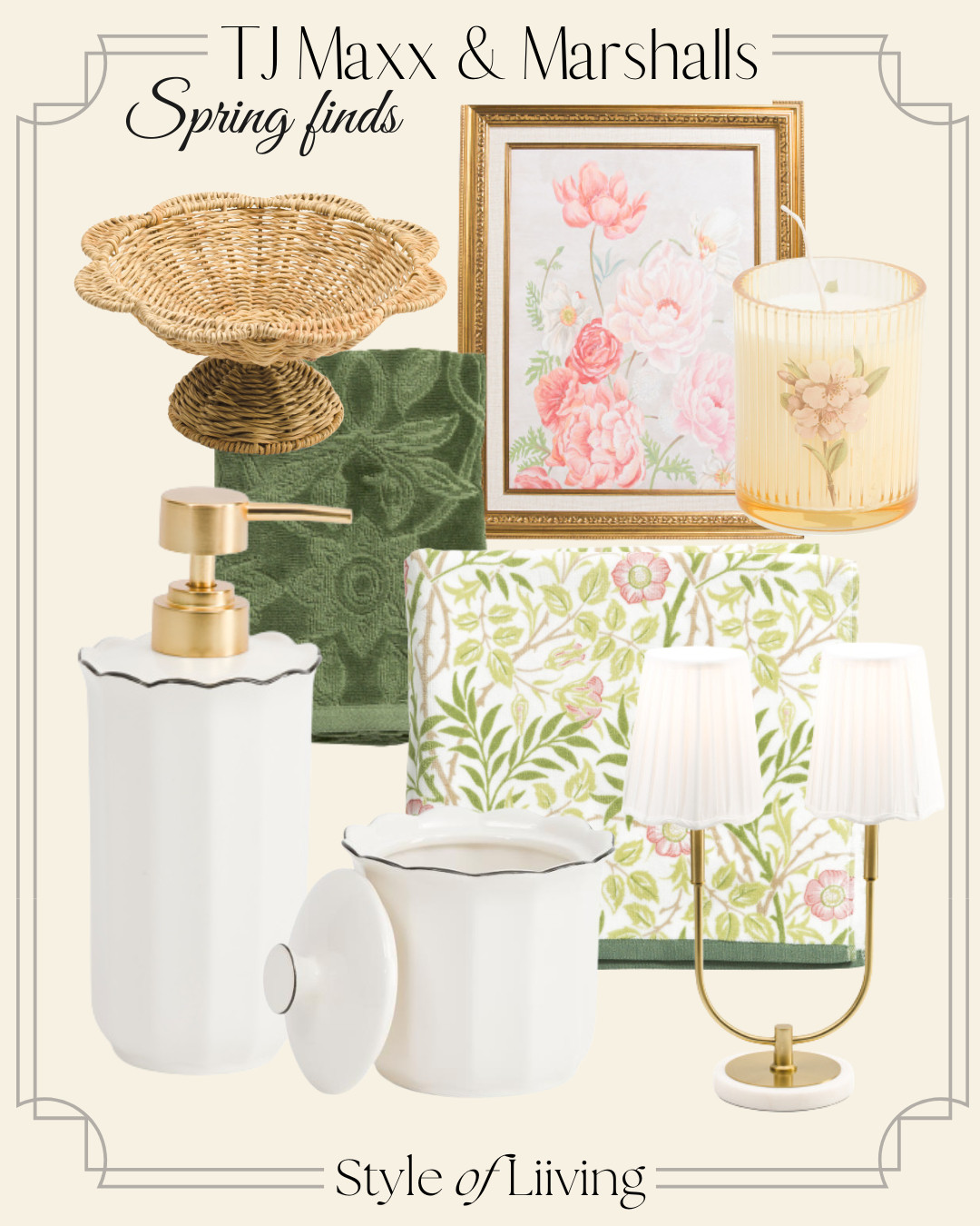 Spring finds from TJ Maxx and Marshalls! Bathroom accessories such as cotton ball holder with lid, soap dispenser, bath towel, hand towels. Picture framed wall art. Double sconce table lamp. Candles and scalloped woven basket tray.
#springhome #springrefresh #styleofliiving #tjmaxx #marshalls #bathroom #homedecor  

 #LTKSeasonal #LTKHome #LTKSaleAlert