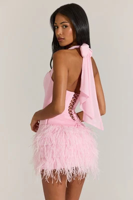 Satin Corset Feathered Mini Dress in Blossom Pink | Oh Polly