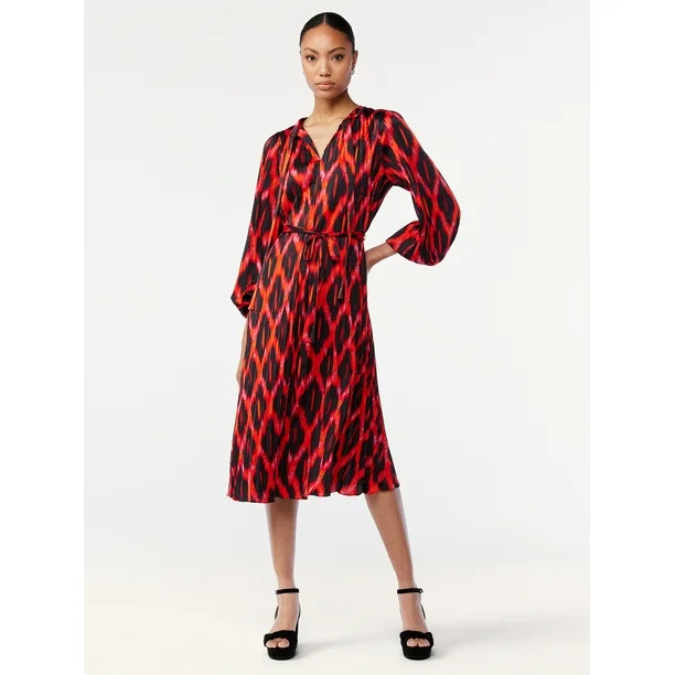 Scoop Women's Blouson Sleeve Belted Waist Pleated Oversized Midi Dress - Walmart.com | Walmart (US)