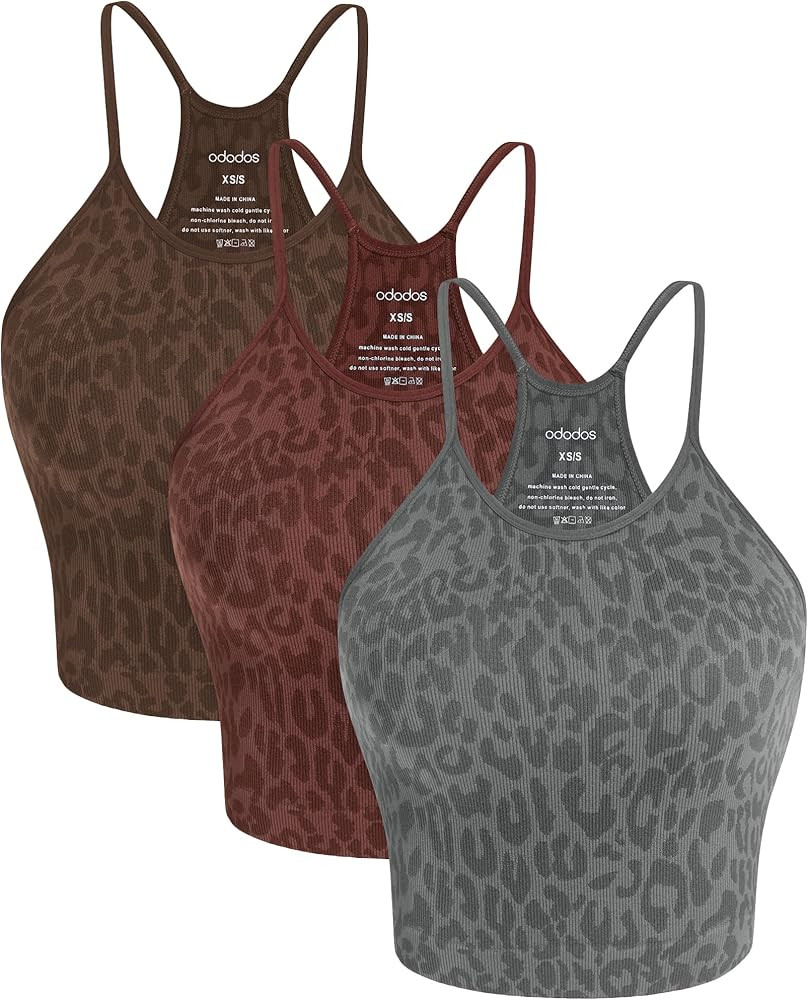 ODODOS Women's Crop 3-Pack Seamless Rib-Knit Camisole Crop Tank Tops | Amazon (US)