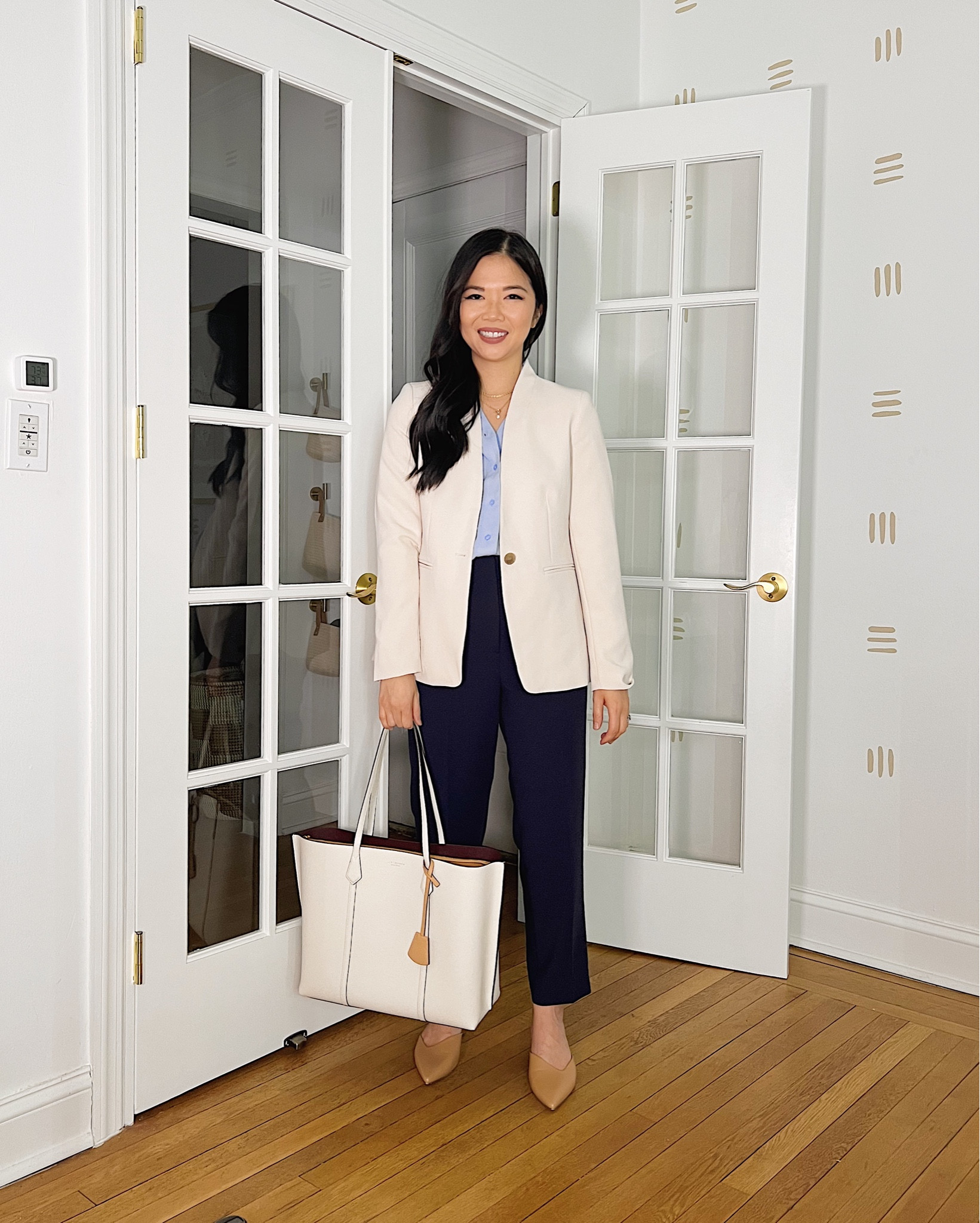 Cream blazer (2P)
Collarless blazer
Fluid blazer
Light blue blouse (XS)
Navy pants (4P)
Navy work pants
High waisted navy pants
White tote bag
Tory Burch Perry tote
Tan pumps (TTS)
Tan mule heels
Tan block heel pumps
Ann Taylor blazer
Ann Taylor pants 
Business casual outfit
Spring work outfit 
Business professional outfit 

#LTKworkwear #LTKstyletip #LTKSeasonal
