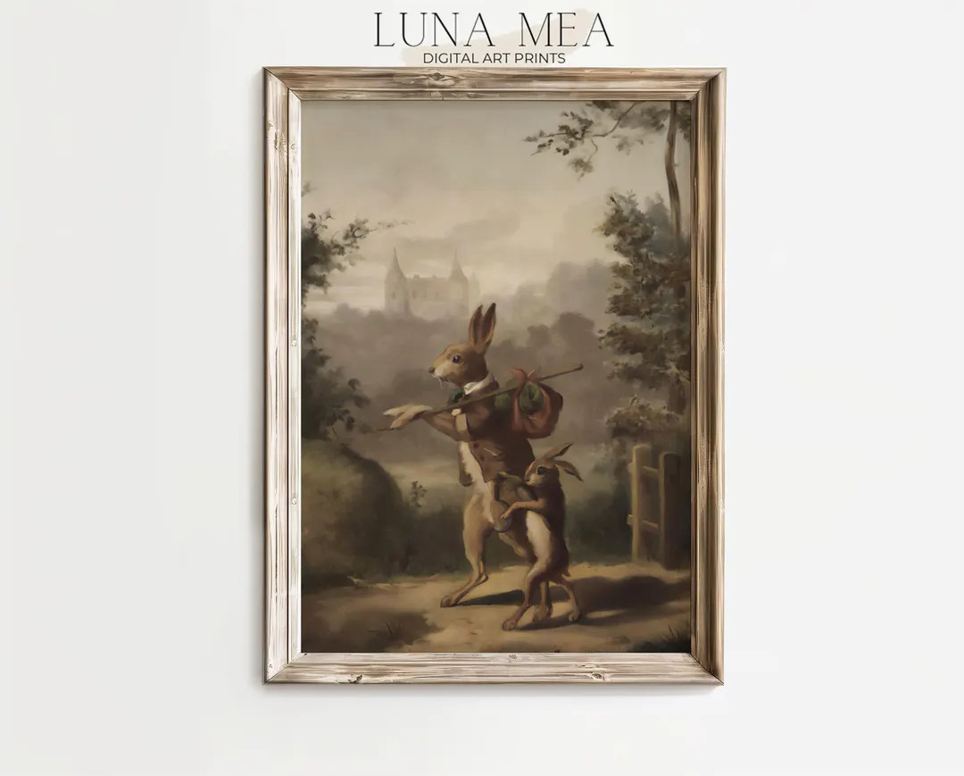 Vintage Rabbit Painting Rustic Easter Nursery Wall Art Bunny Poster Print Antique Spring Wall Dec... | Etsy (US)