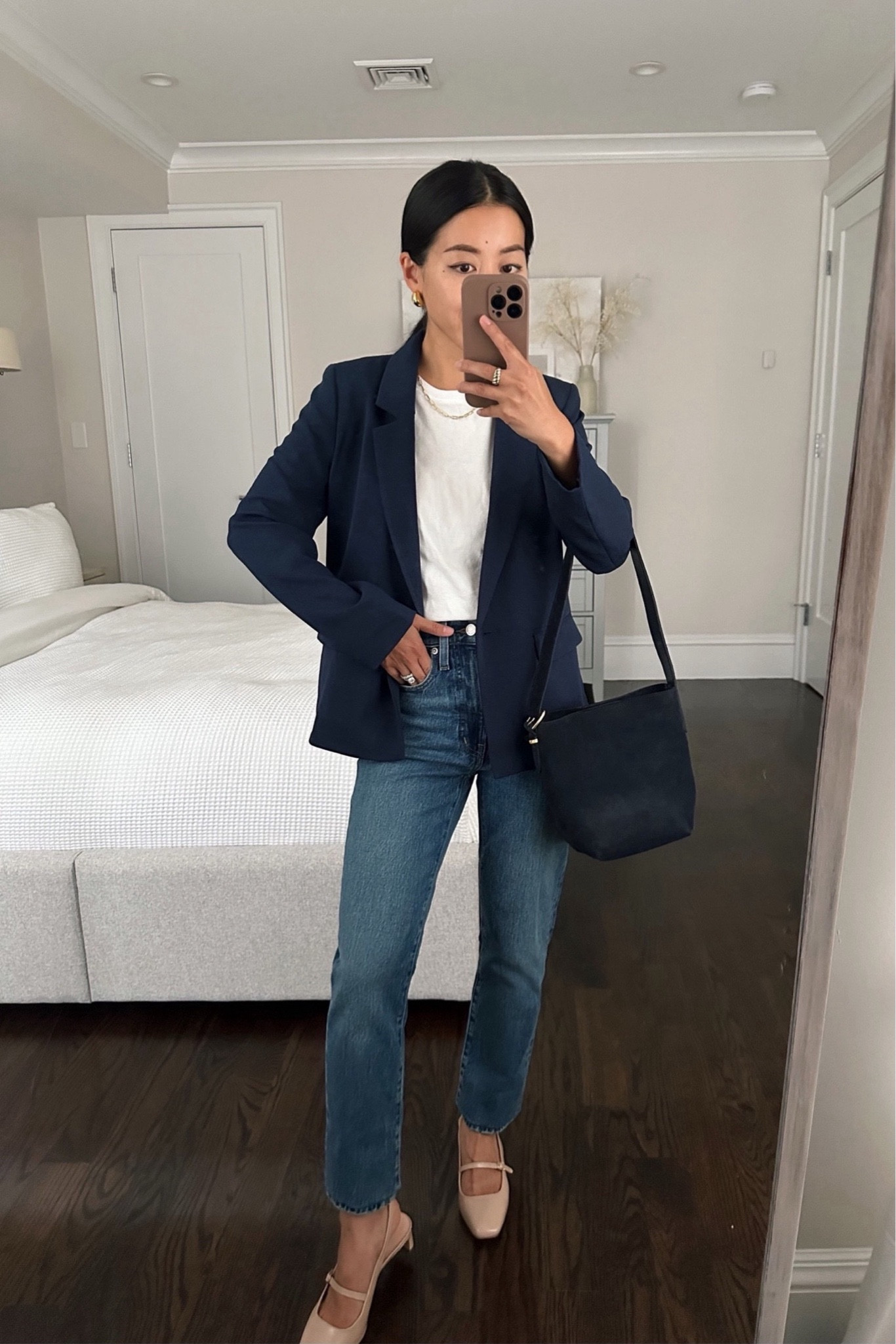 •Madewell sale: additional 40% off with code LETSGO

•shorter navy crepe blazer xxs , nice quality, relaxed boyfriend fit 

• Perfect Vintage jeans sz 24 (shortened) - these do come in petite sizing, but I opt for the standard inseam as I prefer the higher rise it has. 

FYI I usually need to cut or shorten my perfect vintage jeans even when I do get the petite inseam 

•Everlane box cut white tee xs 

•Madewell suede bucket tote - note that the strap is very long. If you’re petite and want to wear it as a shoulder bag you may need to cut the strap a bit shorter or it will have a long strap tail hanging 

•J.Crew sling backs sz 5 
•J.Crew earrings 

#petite fall fashion causal workwear

#LTKstyletip #LTKCyberWeek #LTKSeasonal