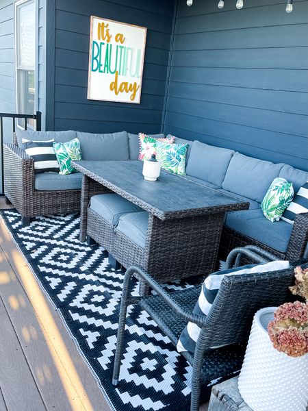 Deck furniture. Outdoor furniture. Outdoor rug. Outdoor pillows. 

#LTKSeasonal #LTKfindsunder50 #LTKhome