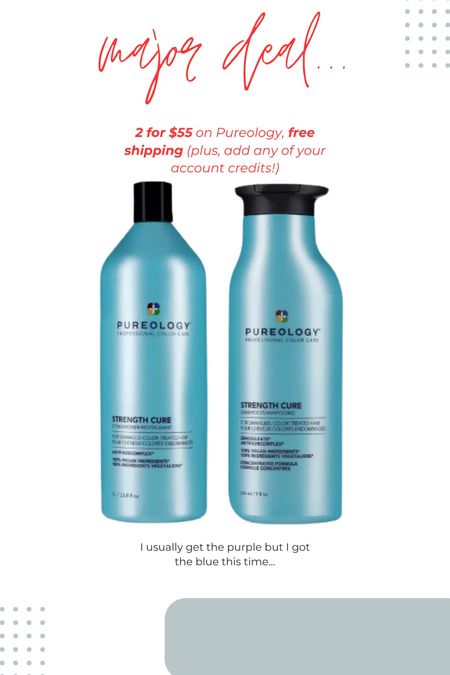 Purology shampoo and conditioner is currently $55 for two at Ulta! Mix and match- I’m excited to try the blue since I’ve done purple in the past. Ships free and use your account credits, too! Beauty favorites fair favorites ukta deals

#LTKsalealert #LTKfindsunder100 #LTKbeauty