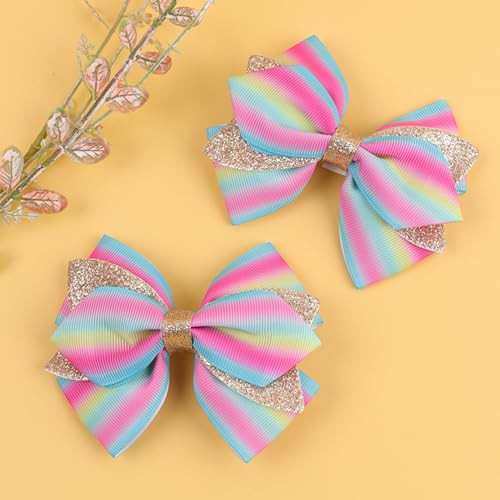 2PCS 4" Glitter Ribbon Hair Bow Clips Sparkly Sequins Alligator Barrettes Hairpin Girls Hair Bows Clips Hair Accessories Toddler Teen Girls Kids Back School (Pink Rainbow) | Amazon (US)