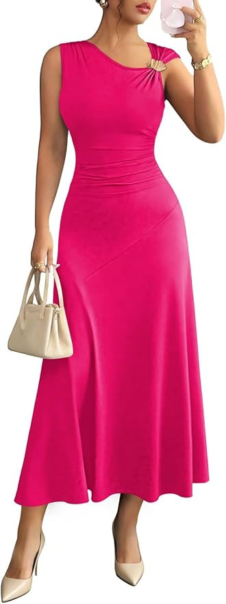 Pink Queen Elegant Sleeveless Bodycon Dress for Women Crewneck High Waist Ruched Metal Swing Cock... | Amazon (US)