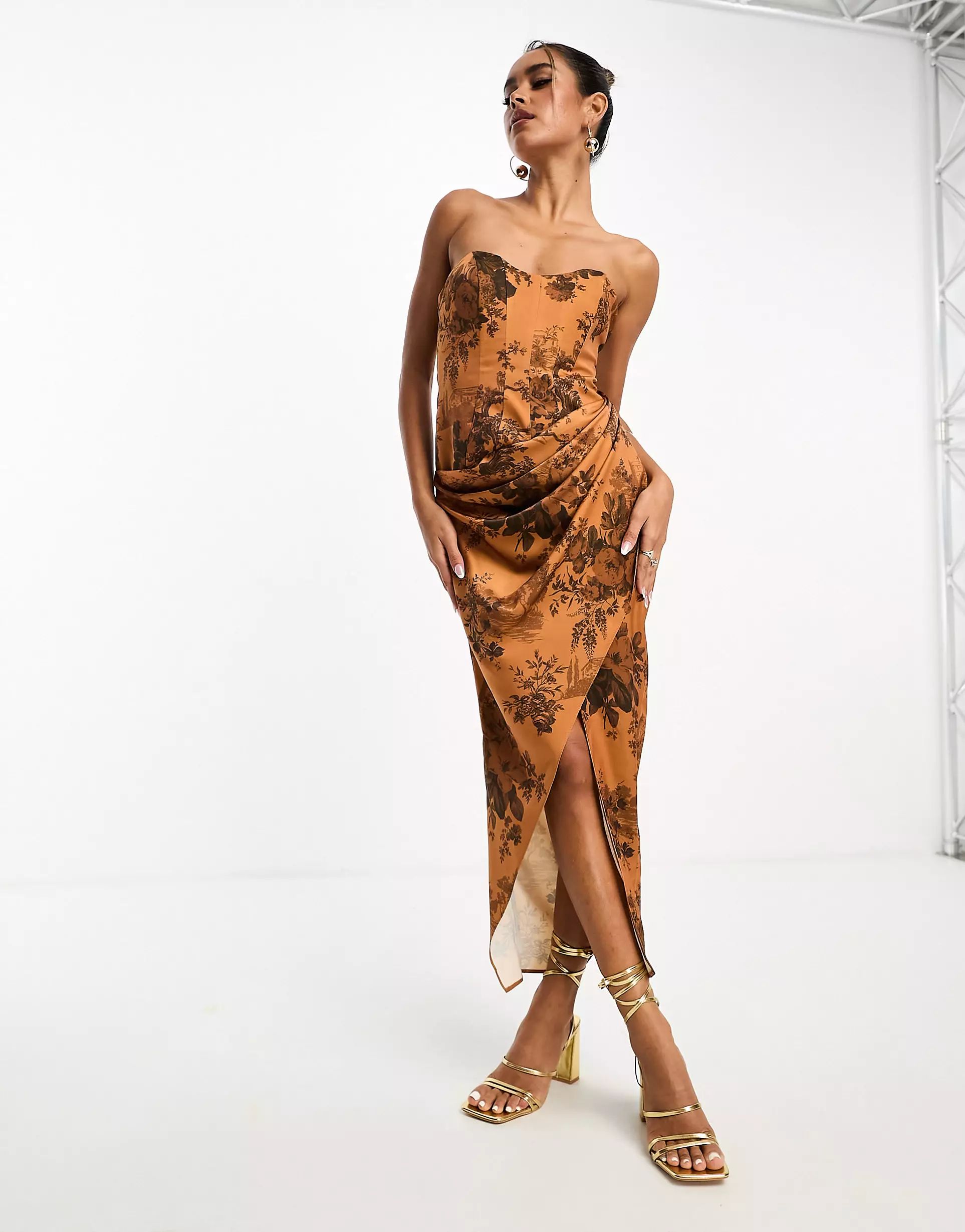 ASOS DESIGN satin corset bandeau midi dress with drape detail in rust floral print | ASOS (Global)