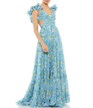 Floral Chiffon V-Neck Cap Sleeve Ruffle Shoulder Side Cut-Out Gown | Dillard's
