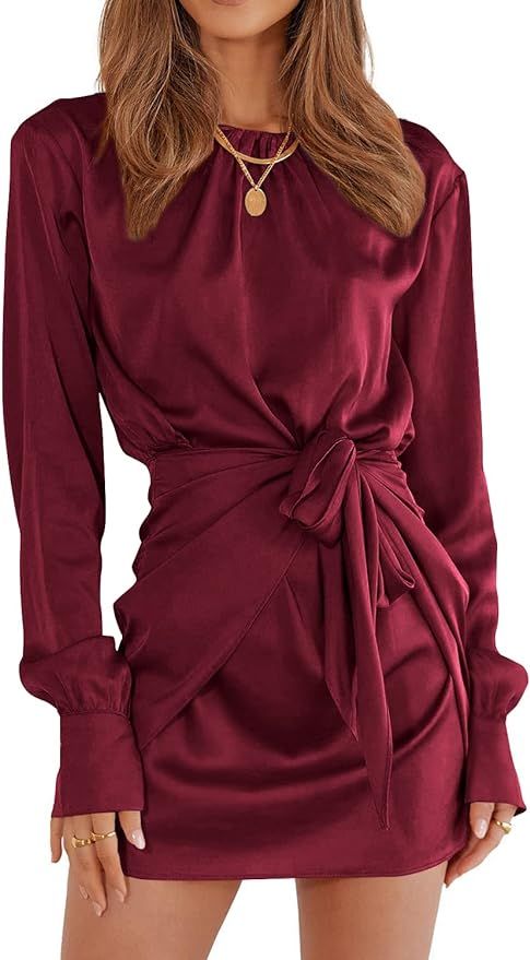 PRETTYGARDEN Women's 2023 Winter Satin Dress Long Sleeve Tie Waist Elegant Cocktail Party Mini Dr... | Amazon (US)