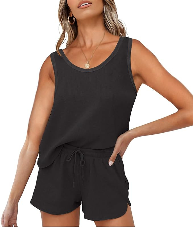 ZESICA Women's Summer Waffle Knit Pajama Set Sleeveless Tank Top and Shorts Loungewear Sweatsuit ... | Amazon (US)