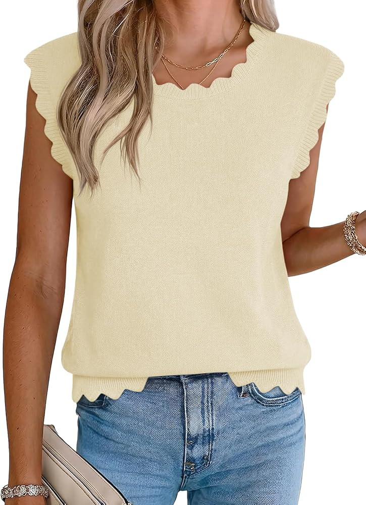 Tankaneo Womens Sweater Vest Tank Tops Summer Scallop Trim Sleeveless Shirts Trendy Casual Crew N... | Amazon (US)