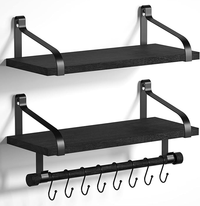 Love-KANKEI Floating Shelves - Set of 2, 17.3 Inch, Black with 8 Hooks and Towel Bar for Coffee B... | Amazon (US)