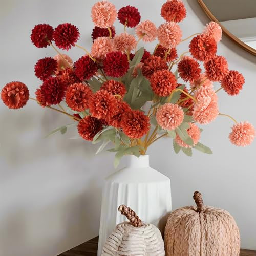 Hananona 12 Pcs Artificial Chrysanthemum Flowers, Orange Kiku Pom Pom Mums Flower Faux Fall Floral for Autumn Halloween Kitchen Table Centerpiece Home Decor (12, Burgundy, Burnt Orange, Deep Peach) | Amazon (US)