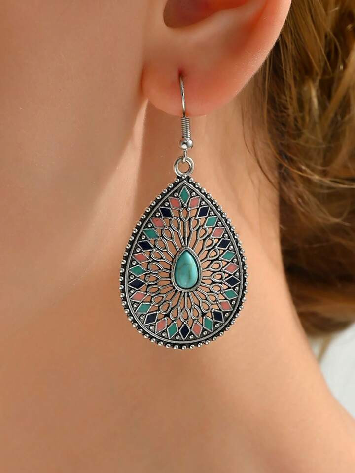 1 paar Vintage Elegante Paleisstijl Oorbellen Met Ovale Metalen Hol Design en Multi-Color Oil Dro... | SHEIN