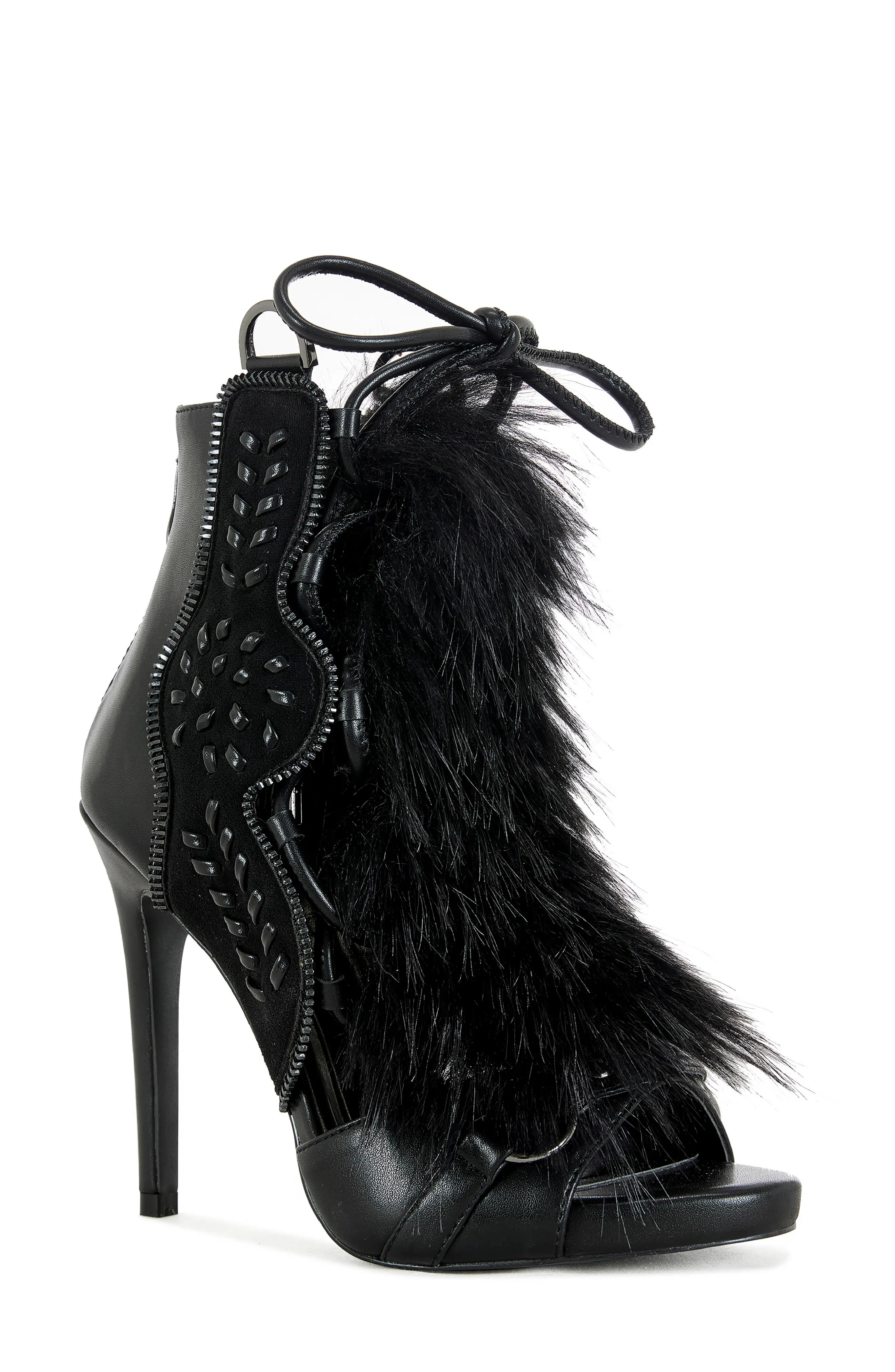 AZALEA WANG Shainy Faux Fur Open Toe Bootie in Black at Nordstrom, Size 6.5 | Nordstrom