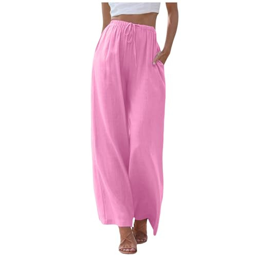 generic Women's Linen Summer Palazzo Pants Flowy Cotton Drawstring Trousers Vacation Wide Leg Beach Pants with Pockets | Amazon (US)
