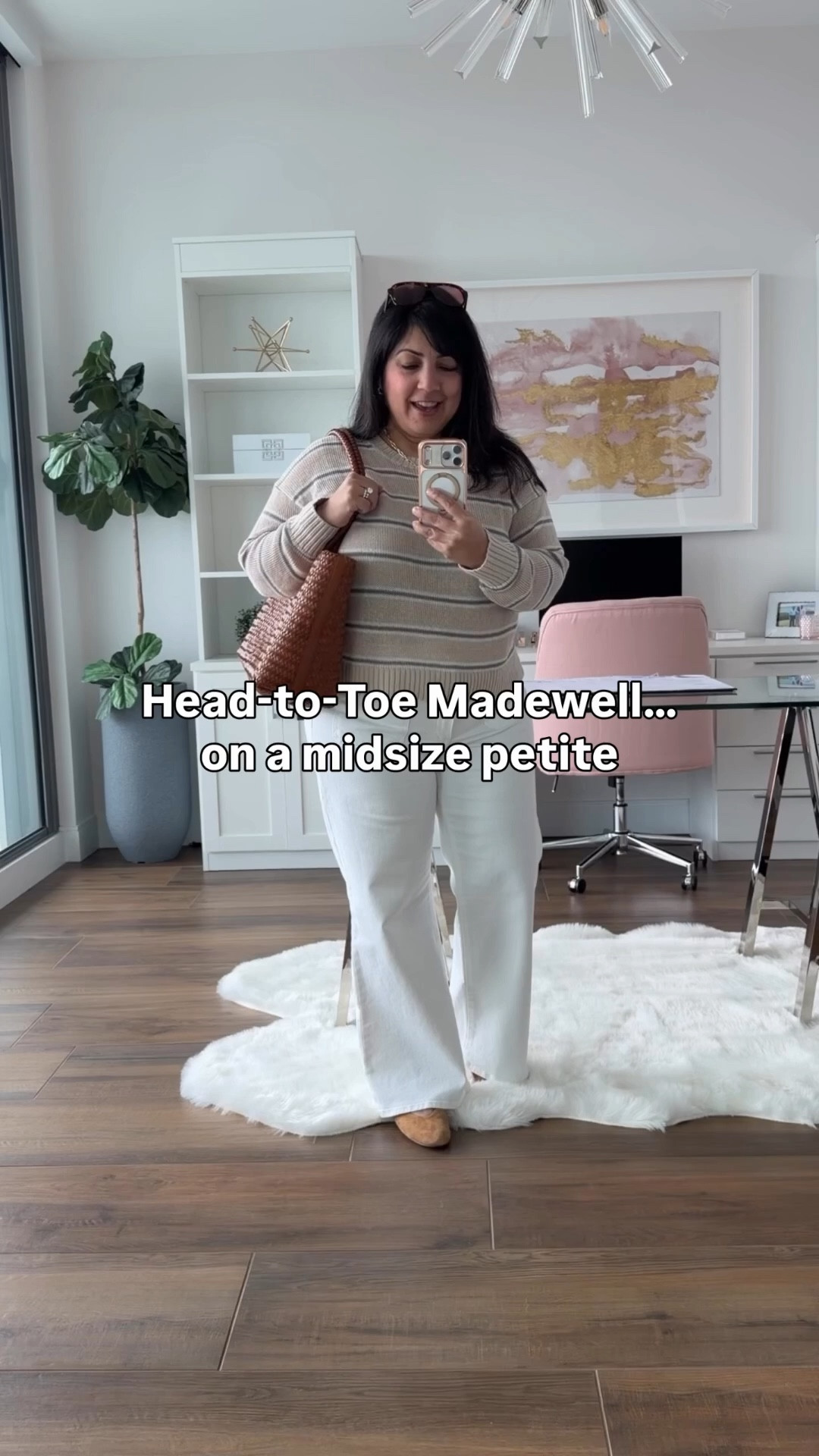 I usually don’t wear one brand head-to-toe… but this Madewell outfit just WORKED 🤍 As a woman over 50 who is midsize and petite, a fit like this doesn’t happen often so I had to share!

Madewell striped linen sweater size large. Madewell white wide leg jeans size 32 Short. Madewell Remy brown suede Mary Jane ballet flats. Madewell woven leather tote bag. Madewell aviator sunglasses.

Spring outfits 2026. Workwear outfits. Business casual workwear. Work outfits. Summer outfits 2026. Travel outfits.

@Madewell 

#LTKootd #LTKPetite #LTKMidsize