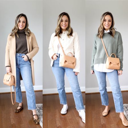  Capsule Wardrobe Outfits 

Jeans: 24 short in medium 
Brown sweater: xs 
Taupe sweater: xxs 
Green sweater: xs 
White top: xs 
Cream coat: xxs 
Tan cardigan: xxs 
All shoes tts 
Bag: polene un nano in textured tan 

#LTKSeasonal #LTKstyletip