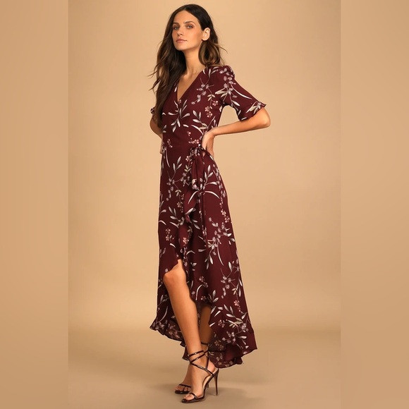Lulus Wild Winds Burgundy Floral Print High-Low Wrap Dress, Small | Poshmark