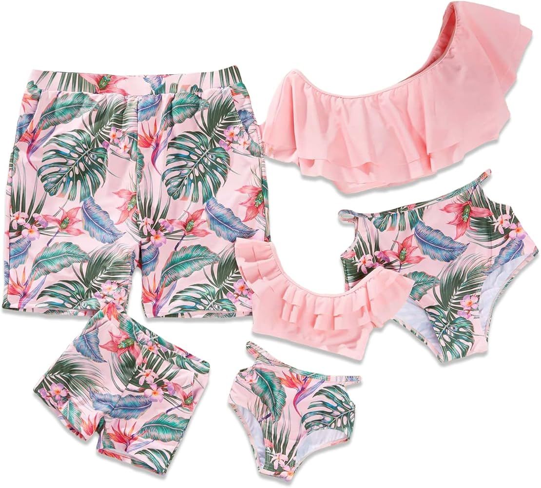 Focamia Family Matching Two Pieces Bikini Off Shoulder Swimsuit Set Hot Pink Leaves Printed Ruffl... | Amazon (US)
