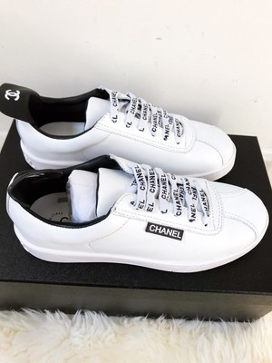 NIB CHANEL White Leather Lace Up Weekend Sneakers 37.5 38, 38.5 | eBay US