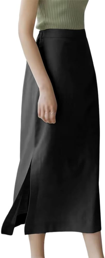 Ylingjun Womens High Waisted Straight Cotton Linen Long Skirt with Slit | Amazon (US)