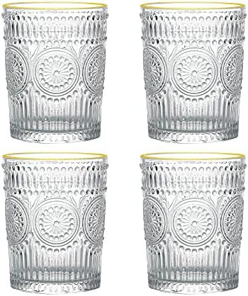 MOLADRI 4 Pcs Drinking Glasses, 10.5oz Reusable Cute Vintage Water Glass Cup Glassware Sets, Gold Ri | Amazon (US)