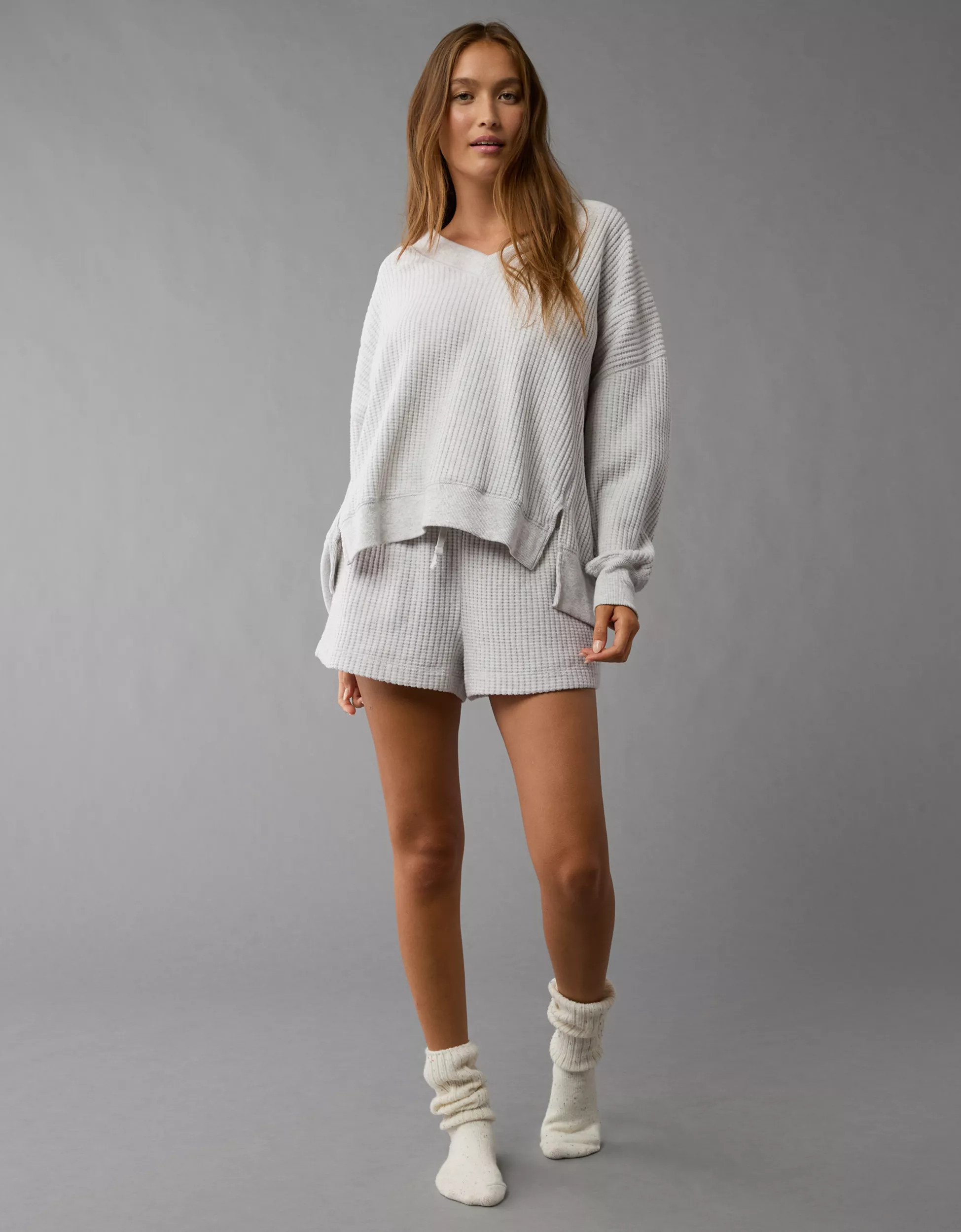 AE Big Hug V-Neck Waffle Sweatshirt | American Eagle Outfitters (US & CA)