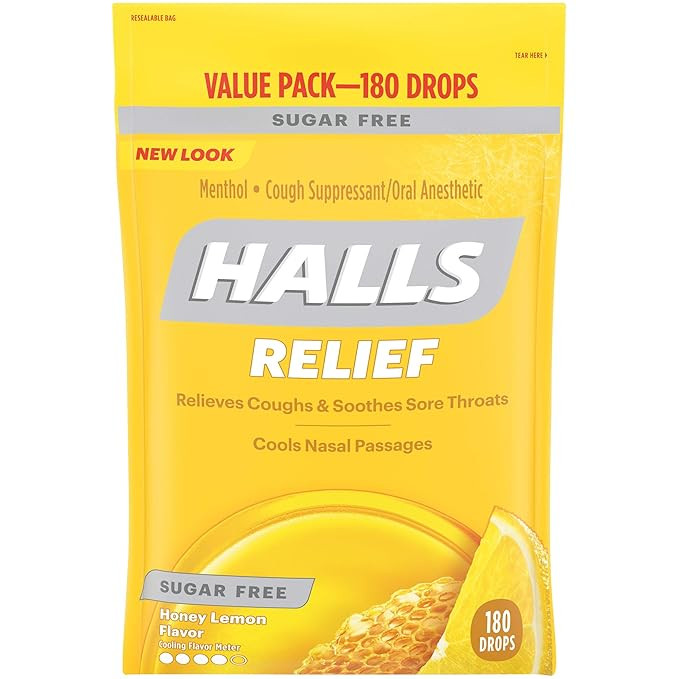 HALLS Sugar Free Honey Lemon Flavor Cough Drops, 1 Bag (180 Total Drops) | Amazon (US)