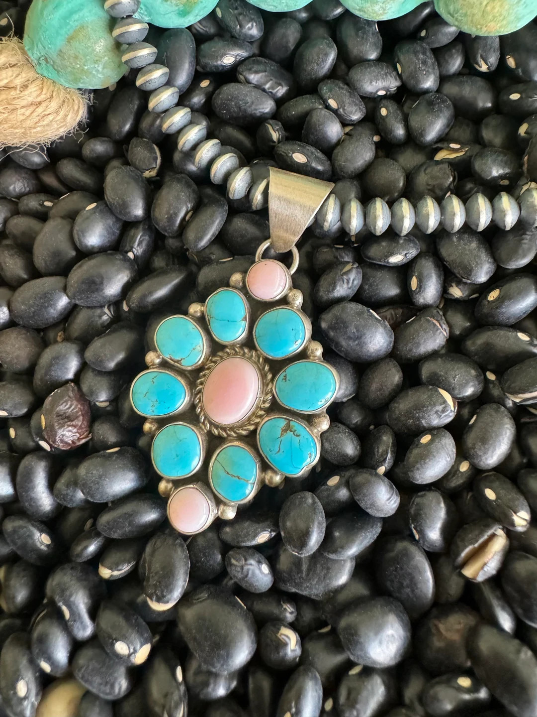 Sterling Silver, Pink Conch & Kingman Turquoise Pendant - Etsy | Etsy (US)