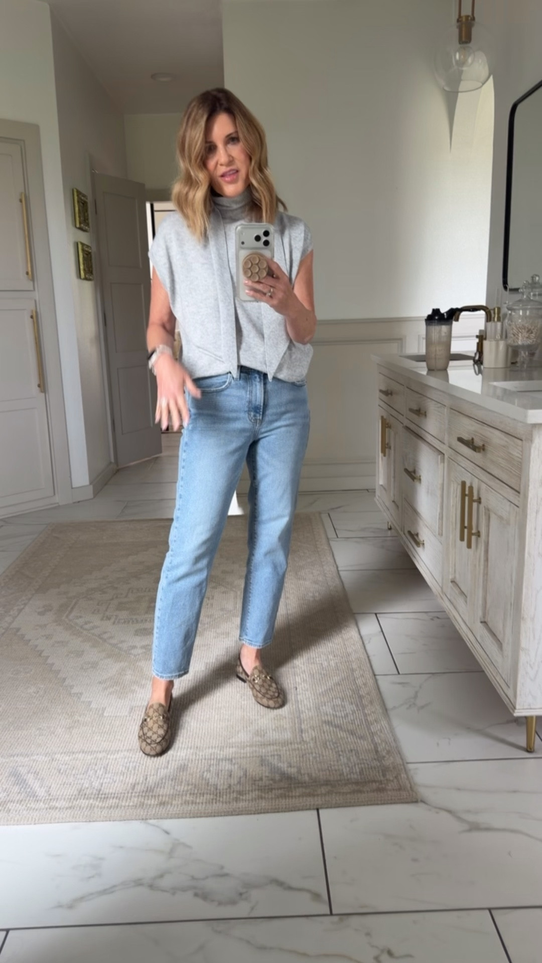 Ootd 
I read reviews and sized up one to a size 6 regular length 
Medium sweater 

#LTKOver40 #LTKootd