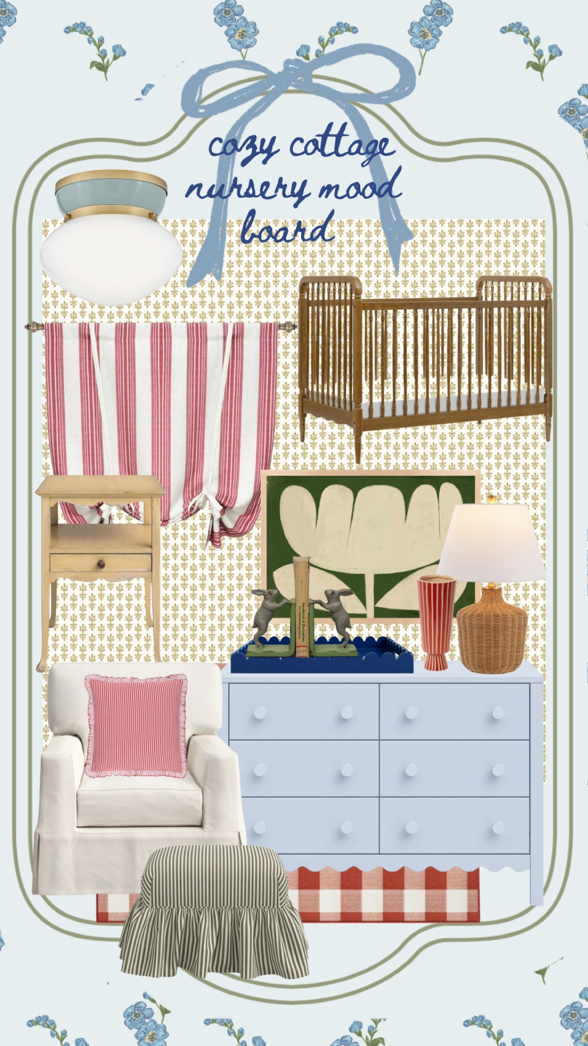 A cozy cottage nursery mood board: more cozy options from wallpaper, rugs, and more below that you can mix and match for pattern and color mixing. All these items are found from one location as well well for convenience 🫶🏼🐇

#LTKHome #LTKKids #LTKBaby