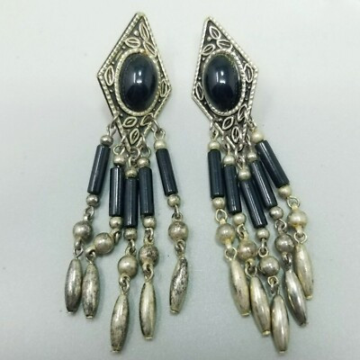 Vintage Black Beaded Fringe Dangle Stud Earrings Black Silver Tone | eBay US