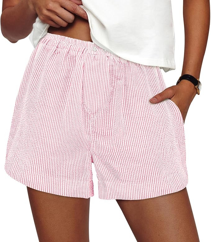 PRETTYGARDEN Women's Striped Boxer Shorts Summer 2026 Trendy Casual Elastic Waist Lounge Sleep Pa... | Amazon (US)