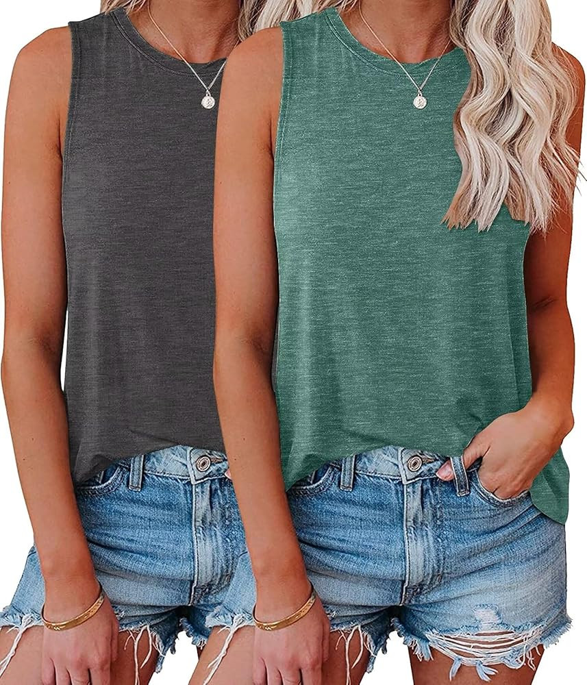 KKJ 2 Pack Womens Tank Tops Crew Neck Sleeveless Summer Cute Tops Loose Fit Basic Workout Casual ... | Amazon (US)