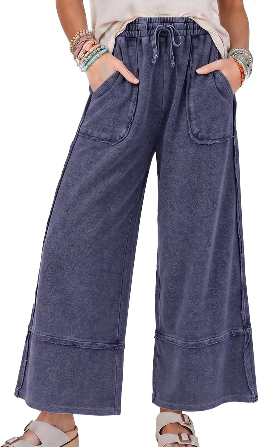 Hixiaohe Casual Wide Leg Pants for Women Trendy Acid Wash Cotton High Waist Comfy Sweatpants Baggy Lounge Palazzo Trousers | Amazon (US)