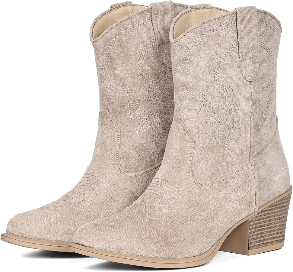 IXU Cowboy Boots for Women Ankle Cowgirl Booties Wide Mid Calf Pointed Toe Western Boots Short Ch... | Amazon (US)