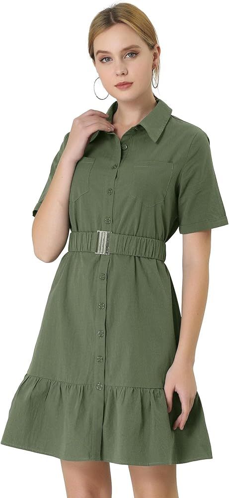 Allegra K Women's Button-Down Shirtdress Business Casual Straight Ruffle Hem Belted Dress | Amazon (US)