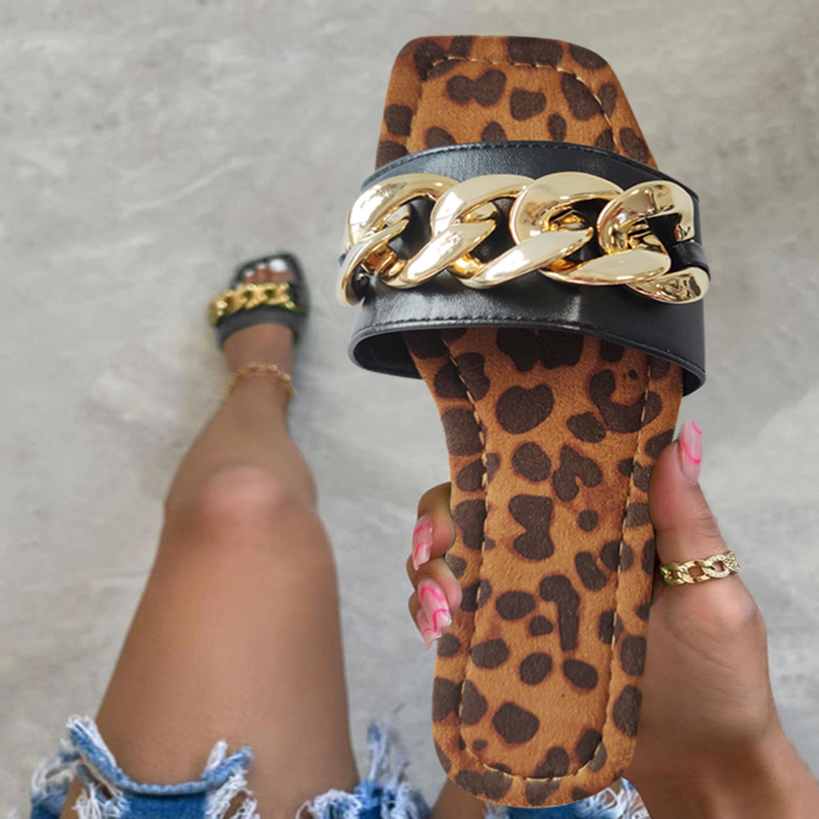 Women Shoes Flat Bottomed Open Toed Leopard Slippers Flat Bottomed Sandals Flat Bottomed Slippers | Walmart (US)