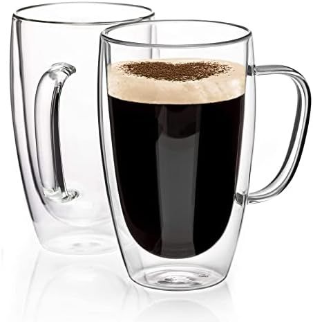 Double Walled Glass Coffee Mugs Glass Mug With Handles Double Wall Cappuccino Cups, 16oz Of Set 2... | Amazon (US)