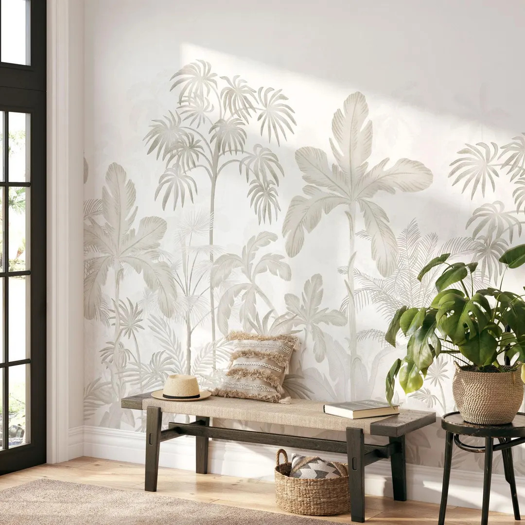 Botanical Beige and White Botanical Wall Mural, Palm Trees Wall Mural, Tropical Forest Wall Cover... | Etsy (Global)