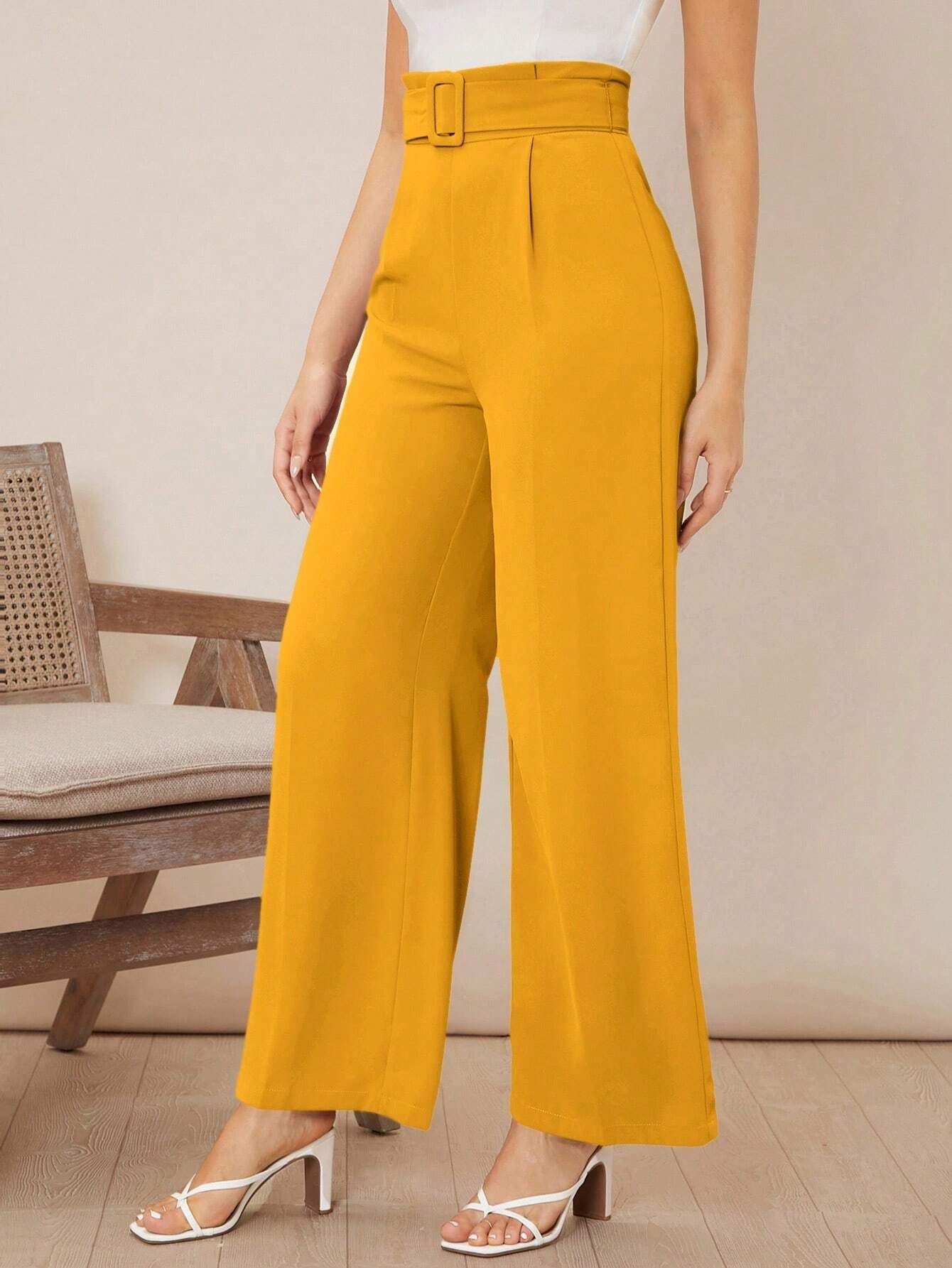 SHEIN Privé Solid Belted Wide Leg Pants | SHEIN