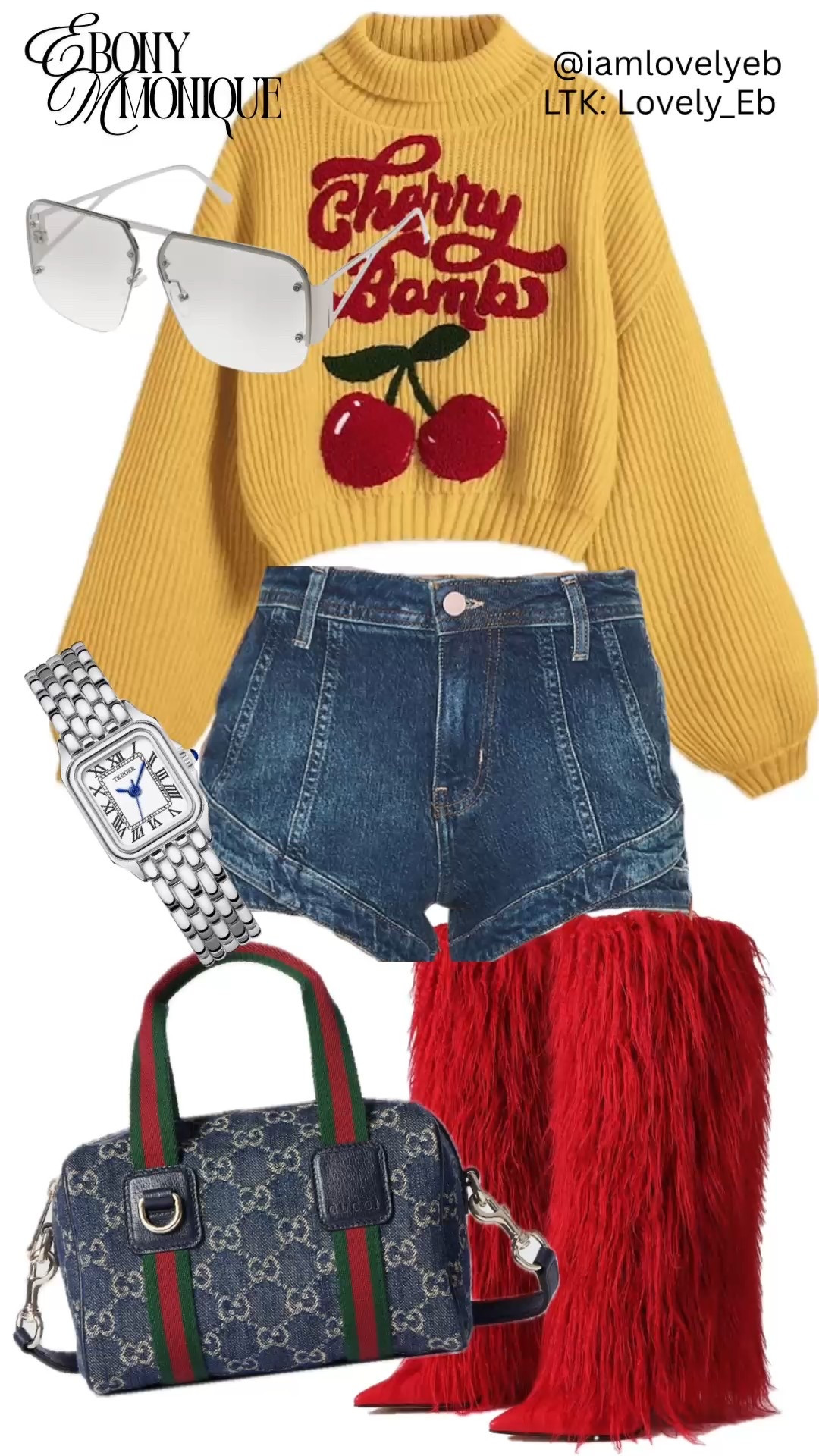 Cherry Bomb chic with a playful twist 🍒✨ A cozy statement sweater paired with classic denim shorts keeps things effortlessly cool, while bold red fur boots bring the drama. Finished with sleek sunnies, a timeless silver watch, and a designer-inspired mini bag for that elevated, fashion-girl touch. Fun, flirty, and perfect for turning heads—casual doesn’t have to be boring.

#LTKootd #LTKU