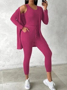 3PCS Round Neck Tank Top & Pocket Design Pants & Open Front Coat Set | SHEIN