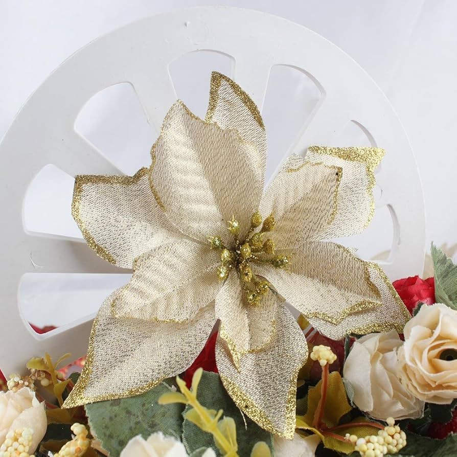 AmaJOY 12pcs Glitter Poinsettia Christmas Tree Ornament Artificial Wedding Christmas Flowers Xmas Tr | Amazon (US)