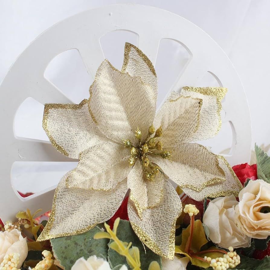 AmaJOY 12pcs Glitter Poinsettia Christmas Tree Ornament Artificial Wedding Christmas Flowers Xmas Tr | Amazon (US)